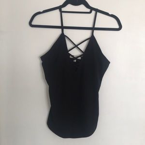 Lace up front black tank top